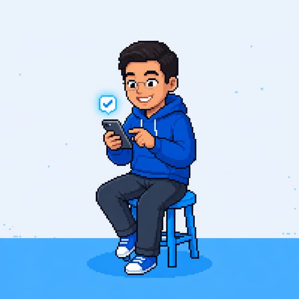 Someone on a stool tapping their phone, with a tick floating above it