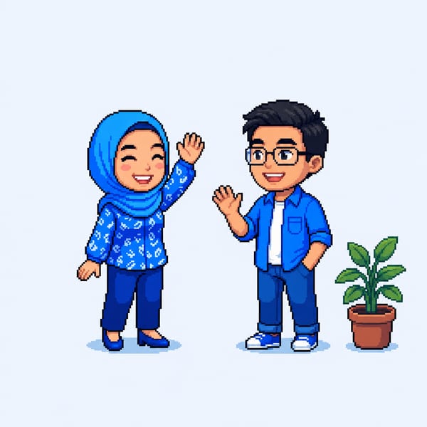 Two people greeting each other with a wave, both smiling
