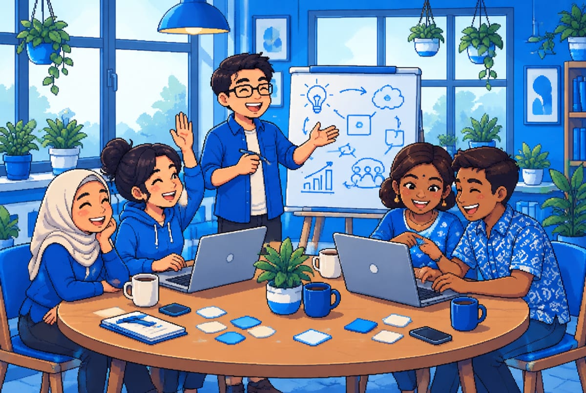 A small group learns together around a table with laptops while the host explains