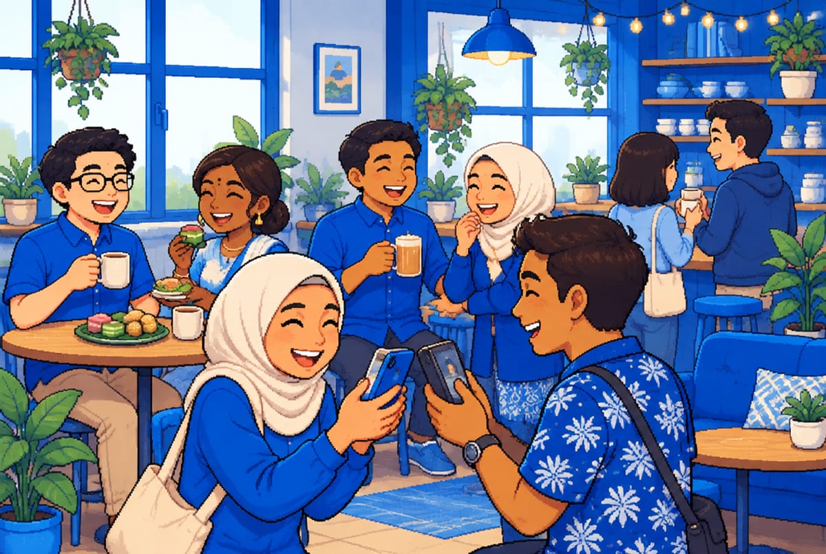 People laugh over teh tarik and kuih, two new friends swap social handles