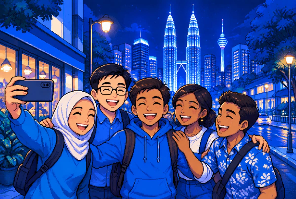 A group of new friends takes a selfie on a Kuala Lumpur street at night