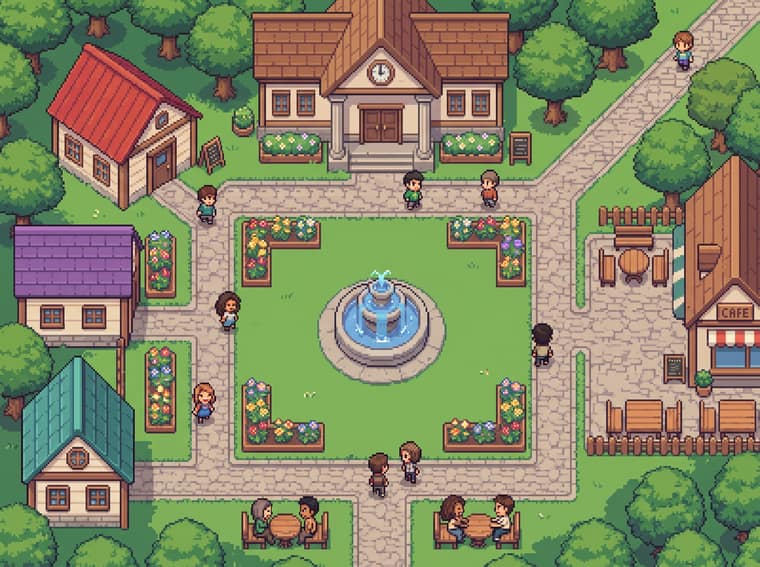 A pixel-art map of the Townhall: houses, paths and a fountain in the square